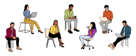 Business people sitting, taking part in meeting, business event. Set of Different female, male characters with laptop, smart phone. Collection of vector colored outline drawings isolated.