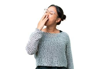 Young Uruguayan woman over isolated chroma key background yawning and covering wide open mouth with hand