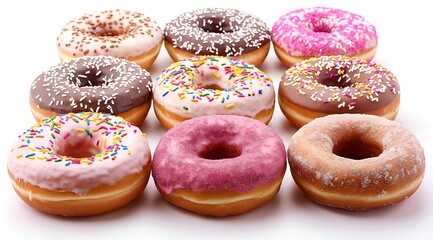 assorted donuts with chocolate frosted, pink glazed and sprinkles donuts.