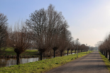 Fototapeta na wymiar Bicycle path on the edge of the village of Nieuwerkerk aan den IJssel