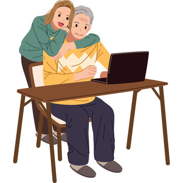 Woman watching grandfather using computer laptop illustration
