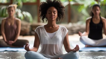 Fototapeta premium A serene woman in comfortable clothing finds inner peace as she meditates with closed eyes, feeling the calming effects of the water surrounding her during an outdoor yoga session