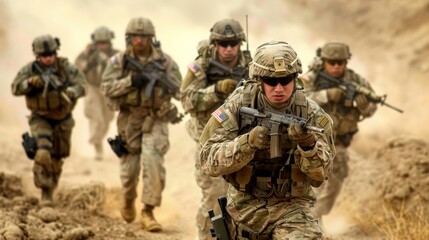 Fototapeta premium An organized squad of soldiers donning military camouflage and armed with rifles and machine guns stand ready for combat in their distinctive military uniforms
