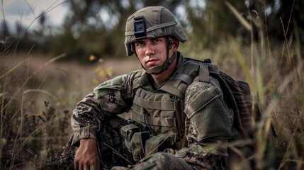 A stoic soldier in full military uniform, armed and ready for battle, sits calmly amidst the vibrant green grass, embodying the strength and bravery of the infantry and the sacrifice of all those who