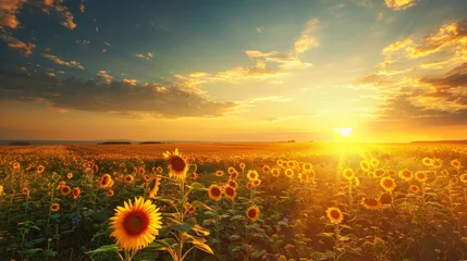 Rolgordijnen A vibrant field of sunflowers bask in the warm glow of a golden sunset, creating a breathtaking natural canvas in the open sky © ChaoticMind