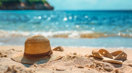 A stylish sun hat sits on the warm sand, basking in the summer sun while overlooking the tranquil sea and rocky shore