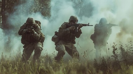 Amidst the lush green grass, a fierce group of soldiers clad in military uniforms and armed with weapons ranging from rifles to machine guns, stood ready for battle with their camouflage-clad comrade - obrazy, fototapety, plakaty