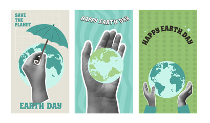 Earth day banners with collage hands sticker for social media. Save the planet retro vertical posters. Template for holiday design. Vector illustration © Syuzann q