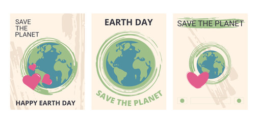 Happy Earth day grunge banners set. Save the planet retro vertical posters. Collections templates for holiday design. Vector flat illustration