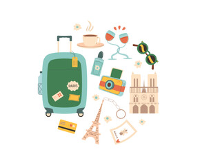 Travel Paris circle composition. Tourism to France elements in round shape isolated on white background. Trip to Europe country. Holiday weekend vacation. Vector flat illustration