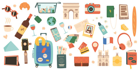 Travel France set. Tourism to Paris elements isolated. Trip to Europe country for adventure and rest. Holiday weekend vacation collection. Point of interest and accessories. Vector flat illustration