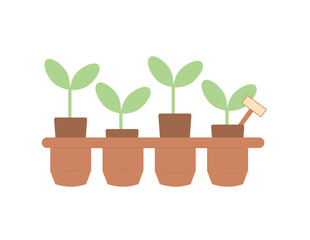 Growing plants. Gardening element isolated on white background. Spring horticulture. Sapling and seeding in a pot. Vector flat illustration