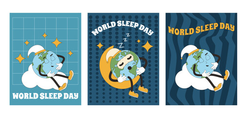 World sleep day vertical banner set. Earth mascot have rest at night greeting cards. Planet retro poster. Dark template for holiday design. Vector illustration