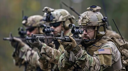 Fototapeta premium An elite squad of soldiers, clad in camouflage and armed with rifles and machine guns, stands ready to defend their military organization with fierce determination and precision