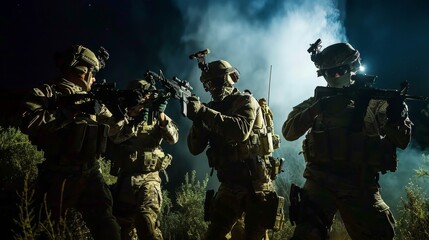 A group of soldiers, dressed in camouflage and armed with rifles and other weapons, stand together in the outdoors, representing the violence and strength of the military organization they belong to - obrazy, fototapety, plakaty