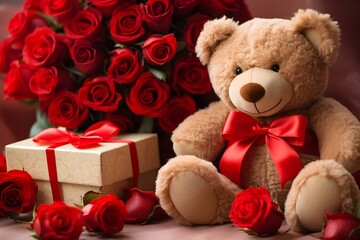 Adorable teddy bear wearing a bow among romantic red roses. Concept Stuffed Animals, Romantic...