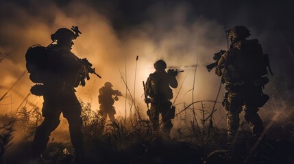 Amidst the eerie shadows of the night, a team of soldiers bravely faces the raging inferno, their weapons at the ready, silhouetted against the flickering flames as they prepare to battle the violenc