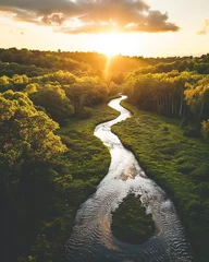 Fototapete Bereich Serene Sunset: Warm Summer Landscape with River - Aerial View