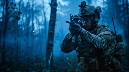 A soldier's solitary stance in the forest, armed with an assault rifle and clad in camouflage, evokes a sense of danger and the weight of military duty - obrazy, fototapety, plakaty