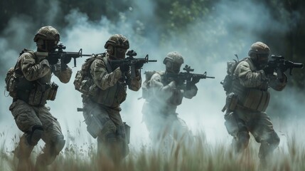Amidst a backdrop of rugged terrain, a determined squad of military personnel armed with an array of weapons stands ready for combat, their camouflaged uniforms blending seamlessly with the environme