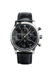 Luxury trendy silver men's watch with black dial and leather strap on transparent background, Png format.
