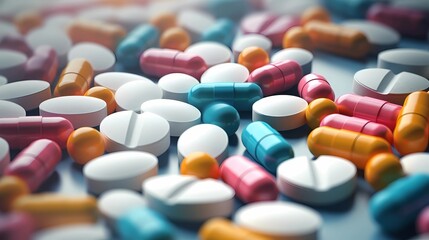 Heap of colorful pills on blue background, Generative AI illustrations.
