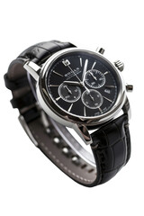 Luxury trendy silver men's watch with black dial and leather strap on transparent background, Png format.