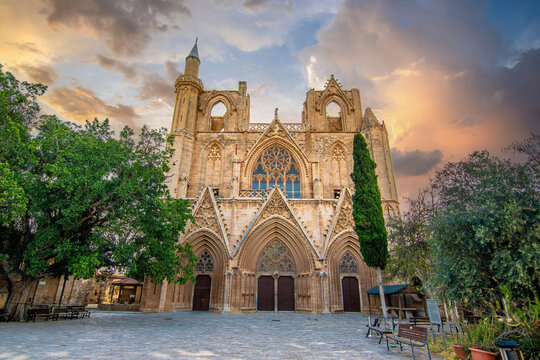 Lala Mustafa Pasa Mosque or Saint Nicholas Cathedral view in Gazimagusa Town of Northern Cyprus