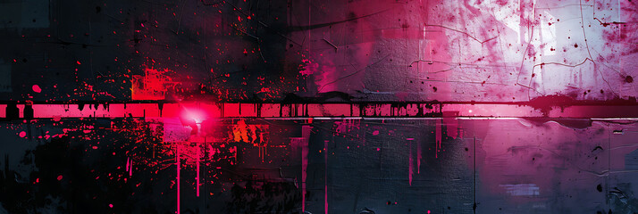 Bold black, red, and magenta hues punctuate the frame, creating a dynamic spray of color against a gritty backdrop