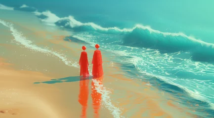 Schilderijen op glas Two orange silhouettes on the beach, artwork © Sunny