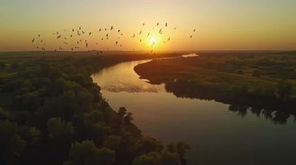 Papier Peint photo Destinations Serene Sunset: Warm Summer Landscape with River - Aerial View