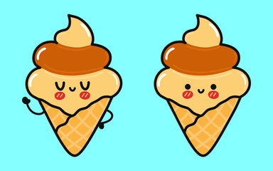 Cute funny Ice cream. Vector hand drawn cartoon kawaii character illustration icon. Isolated on blue background. Ice cream character concept
