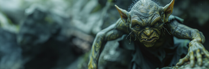 Detailed close-up of a mythical goblin creature in a natural environment with a blurred background, ideal for fantasy-themed designs with ample space for text 