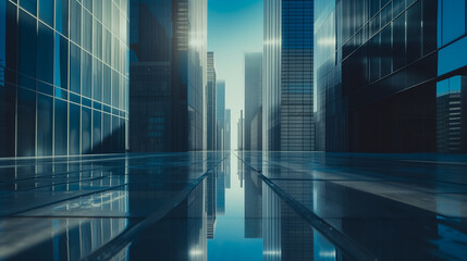Futuristic urban cityscape with glossy skyscrapers and reflective surfaces, concept of modern architecture, with space for text