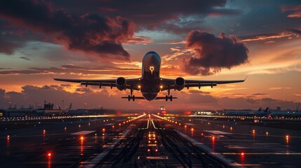 A plane taking off from an airport   - obrazy, fototapety, plakaty