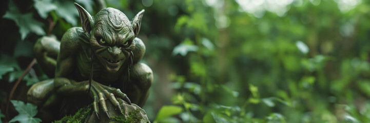 Green goblin statue lurking in a misty forest environment, perfect for Halloween-themed backgrounds with ample empty space  for text - obrazy, fototapety, plakaty