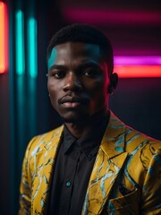 A vibrant retro wave or synth wave portrait of a young, confident African man. Bathed in colorful, bright neon lights against a sleek black background.