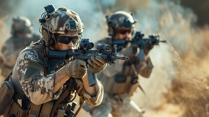 An army troop in camouflage wields an array of weapons, their helmets and ballistic vests gleaming in the sun, ready to engage in combat with their rifles, machine guns, and sniper rifles - obrazy, fototapety, plakaty