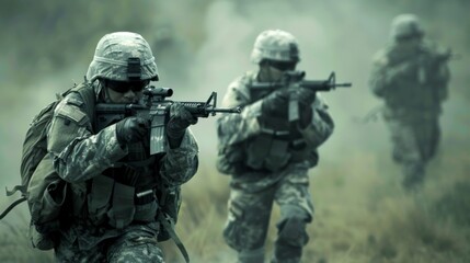 Armed and ready, a group of military soldiers stand united, their rifles aimed and camouflaged, prepared to defend their country with explosive weapons and precision shooting