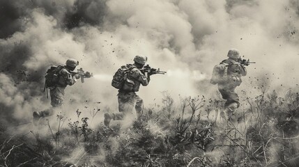 A squad of soldiers sprints through the misty fog, their weapons at the ready, their eyes fixed on the cloudy sky above as they race towards their next mission - obrazy, fototapety, plakaty