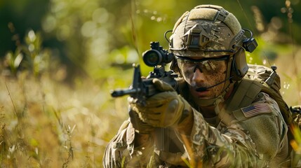 Fototapeta premium A concealed soldier blends into the natural landscape, armed with a powerful rifle and ready for combat