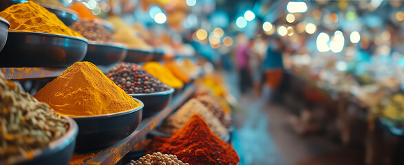 Vibrant spice market display featuring mounds of turmeric, chili, and various spices, with blurred multicultural shoppers in background; ideal for culinary themes with space for text  - Powered by Adobe