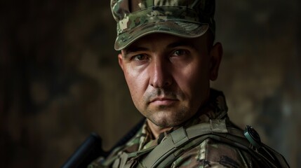 Fototapeta premium A stern-faced soldier dons his military uniform, complete with camouflage and ballistic vest, embodying strength and bravery as he stands ready to defend his country