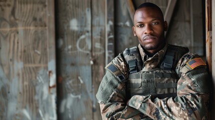 Fototapeta premium A stoic soldier stands proudly in his camouflage uniform, his human face showing determination as he stands in front of a military building surrounded by his fellow infantrymen