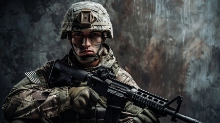 A heavily armed soldier, clad in military uniform and equipped with an array of firearms, stands poised for combat amidst a camouflage backdrop - obrazy, fototapety, plakaty