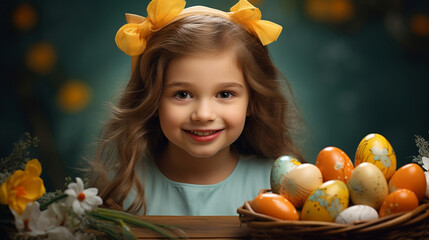 Cute little girl holding a wicker basket with Easter eggs. Easter holiday, mult colored eggs