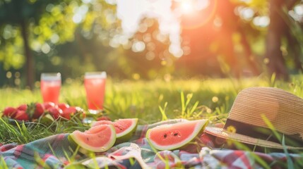 A summertime picnic on a lush green blanket, adorned with juicy red watermelon slices and a floppy sun hat, surrounded by the fresh scent of fruit and the warm embrace of the outdoors