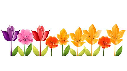 row of colorful tulip flowers on transparent background, Png format.