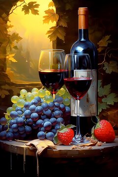 Still life with red wine, strawberries and grapes. High resolution