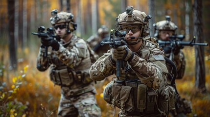 Obraz premium A camouflaged squad of soldiers armed with rifles and machine guns, wearing military uniforms and ballistic vests, stand ready for combat in the great outdoors